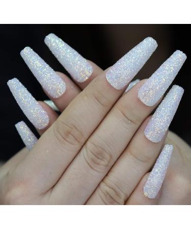 MISUD Glitter Long Coffin Fake Nails - White Ballerina Shape Acrylic Nails for Women & Girls - Buy Online on SooperMarket.com