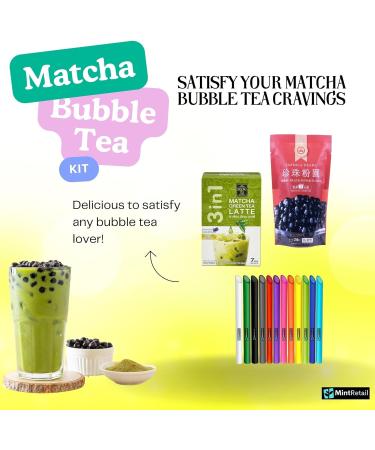 Matcha Bubble Tea Kit (7 servings) with Ranong Thai Tea Mix Matcha Green Tea Latte Instant Mix 161g and Wu Fu Yuan Black Tapioca Pearls 250g Including Mint Retail Boba Tea Straws - Buy Online on SooperMarket.com