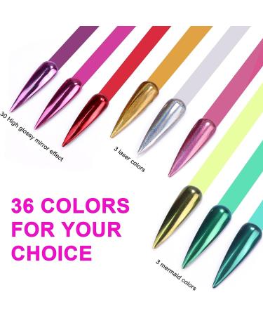 Saviland 36Pcs Mirror Chrome Nail Powder Set - Metallic Holographic Chrome in Black Blue Silver Gold - for French Manicure & Nail Art Decoration - DIY Home Salon - Buy Online on SooperMarket.com