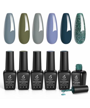 Beetles 6 Colors Gel Nail Polish Set - Snow Mountain Collection Grey Nude Blue Glitter Green Gel Polish Kit Soak Off Nail Uv Lamp Winter Gel Nail Kit Manicure Kit Salon Nail Art Design