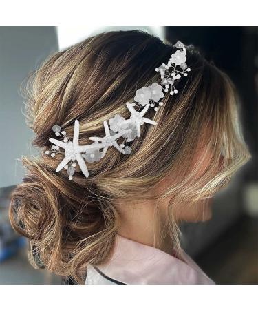 EASEDAILY Starfish Bride Wedding Hair Vine Silver Flower Headband Pearl Headpiece Bridal Hair Piece Crystal Beach Hair Accessories for Women and Girls