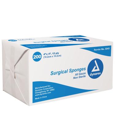 Dynarex Surgical Gauze Sponges  Non-Sterile Pads for General Cleaning and Wound Packing  Made from 100% Absorbent Cotton  4 x 4  12-Ply and Latex-Free  1 Box of 200 Dynarex Surgical Gauze Sponges 200 Count (Pack of 1)