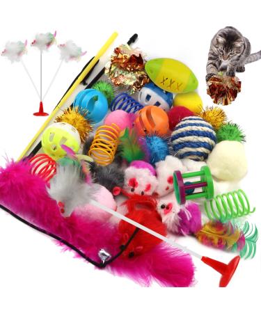 QUOZUO 32 Packs Cat Toys Variety Pack for Kitty Cat Balls with Bells Cat Feather Toy Cat mouse Toys Cat Crinkle Balls Catnip Toys for Indoor Cats Kittens Kitten Toys Assortments