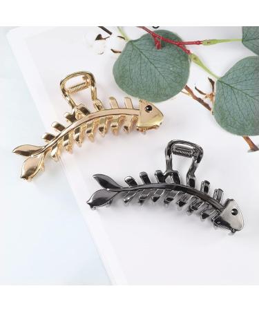 2 Pcs Large Fish Bone Hair Clips - Non-slip Metal Hair Claw Clips in Black and Gold for Thick or Thin Hair - Geometric French Hair Grip Accessories for Women - Buy Online on SooperMarket.com