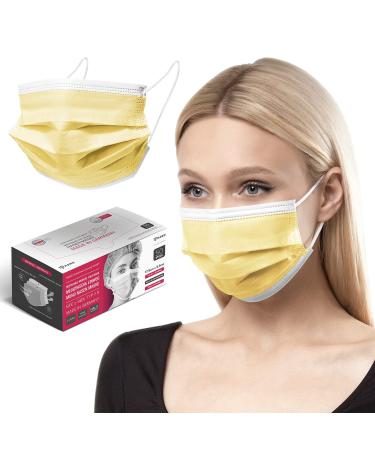 HARD 50 pieces Disposable Face Masks | Made in Germany | Type IIR & CE certified | Breathable Triple Layer - Filtration 99 78% | Elastic Earloops | Mouth Cover - Adults - Yellow 50 Piece standard size (17 5 cm x 9 5 cm) Yellow