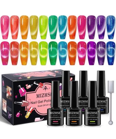 MIZHSE Neon Cat Eye Gel Nail Polish Kit 12Pcs  Cateye Blue Green Purple Soak Off Gel Polish Magnetic Manicure Set for Nail Art Salon 7ml