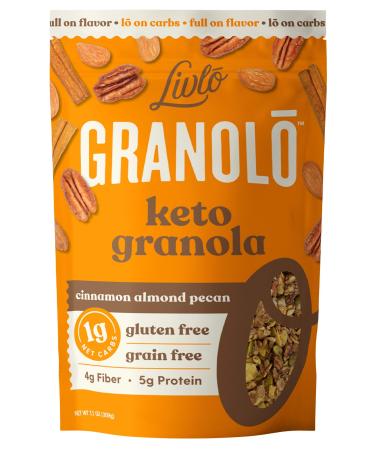 Livlo Keto Nut Granola Cereal - 1g Net Carbs - Grain Free & Gluten Free - Keto Friendly Low Carb Healthy Snack - Paleo & Diabetic Friendly Food - Cinnamon Almond Pecan 11oz
