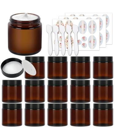 Betrome 4 oz Amber Glass Jars 15 Pack 120ml Round Empty Cosmetic Containers Face Lotion Cream Storage Jars with White Inner Liners and Black Lids 4 Oz amber
