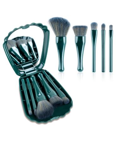 Makeup Brushes 5pcs Mini Makeup Kit  Travel Set  Foundation Brush Eyeshadow Brush Make up Brushes Set  Shell Shape Complete Function Travel Portable Cosmetic Brushes Kit with Mirror (Dark Green)
