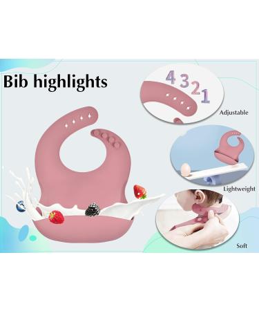 Hoseay Baby Weaning Set - 5 Pcs Silicone Feeding Set with Suction Bowl, Plate, Fork, Spoon, Bib - Baby Led Weaning Supplies for Kids/Toddlers in Pink - Buy Online on SooperMarket.com