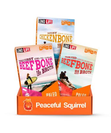 Peaceful Squirrel Variety, LonoLife Bone Broth Sticks, 3-Pack, Variety of 3 Flavors, 10g Protein, Paleo, Zero Sugar, Collagen, Amino Acids, Gluten Free, 12 Sticks