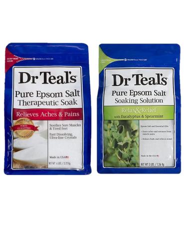 Dr. Teal's Pure Epsom Salt Bath Soaking Solution Gift Set (2 Pack 9 lb Total) - Relax Relief Eucalyptus & Spearmint (3lb) Unscented Therapeutic Soak (6lb) - Eases Aches & Pains Relieves The Mind