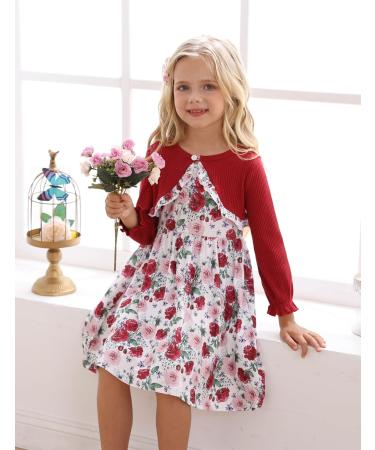Puseky Toddler Girl 2-Piece Floral Dress & Ribbed Cardigan Set, 5-6 Years, Wine Red - Buy Online on SooperMarket.com