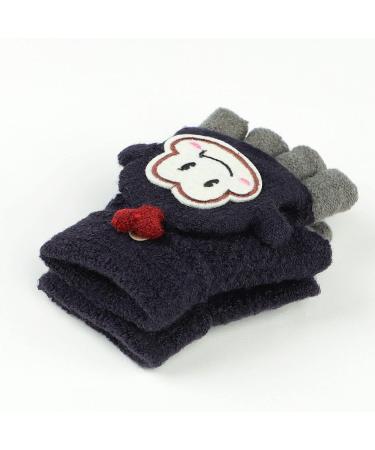 Kids Cute Cartoon Monkey Knitted Mittens - Warm Convertible Thermal Gloves for Children 3-8 Years - Dark Blue - Buy Online on SooperMarket.com