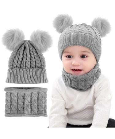 CheChury Toddler Hat and Scarf Set Baby Warm Knit Pom Beanie Cap with Circle Loop Scarf Neckwarmer 1-3 Years #2 Grey