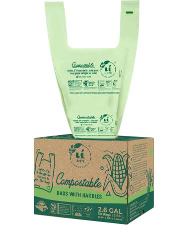 UNNI Compostable Bags with Handles 2.6 Gallon 9.84 Liter 50 Count 0.68 Mil Samll Kitchen Food Scrap Waste Bags T-Shirt Bags ASTM D6400 US BPI & Europe OK Compost Home Certified San Francisco 2.6 Gallon 50 Count (Pack of 1)