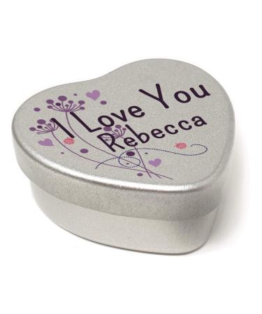Personalised I Love You Name Heart Shaped Mini Tin Any Name Added Purple Ladybird Design Gift for Someone Special filled with mini chocolates Purple Flowers