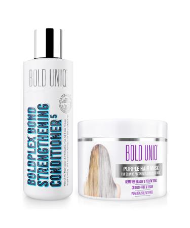 BOLD UNIQ Purple Hair Mask For Blonde, Platinum, Bleached, Silver, Gray, Ash & Brassy Hair & BoldPlex 5 Bond Strengthening Protein Conditioner - Remove Yellow Tones and Condition Dry, Damaged Hair