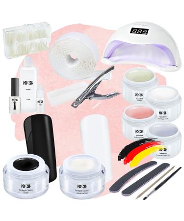 ND24 NAILDESIGN-Geln gel starter set premium with adhesive gel assembly gel French gel sealing gel LED lamp & accessories + Black & White GELE-complete set for beginners-GEL MADE in Germany Starter Set Premium + Black & White GELE