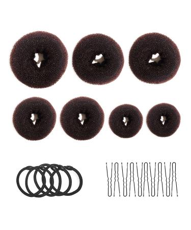 Donut bread maker hair bun maker 7-piece brown ring shape set with 10 U-shaped clips 5 elastic hair ropes.