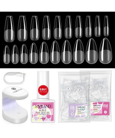 Saviland Gel x Nail Kit- Soft Gel Nail Tip and Gel Glue Kit with 6 in 1 Gel x Nail Glue,Long Coffin & Almond 240PCS Acrylic Nails Tip, UV Mini Nail Lamp Nail Extensions Manicure Starter Gift Kit A2-Long Coffin & Medium Almond