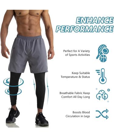 WIRIST 2 in 1 Running Pants for Men - Grey X-Large | Workout Compression Gym Athletic Shorts Leggings with Pocket - Buy Online on SooperMarket.com