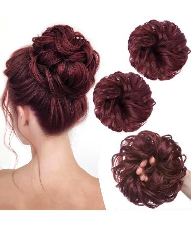 PORSMEER 2 pieces Messy Hair Buns Extensions Curly Wavy Hair Elastic Easy Scrunchies for Women Girls Large Synthetic Donut Updo Hair Pieces Hair Chignons Red BUG#