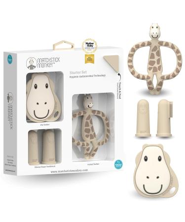 Matchstick Monkey Teething Ring Starter Set 3 Pieces - Baby Teething Aids - for Sore Gums - Silicone - BPA Free - Teether Animal Motif Teether Face Finger Toothbrushes - Gigi Giraffe