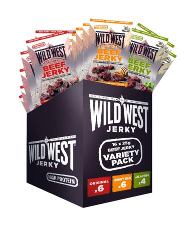 Wild West Beef Jerky Mix Box 25g 16 Pack with 6x original 6x Honey BBQ 4x Jalapeno beef v rre meat beef jery high protein dry meat protein snack 33.33 g (12 Pack)