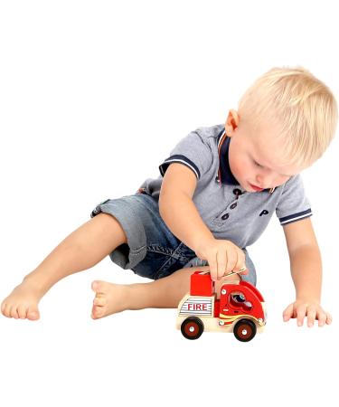 Bino Holzauto Feuerwehr - Wooden Fire Truck Toy for Kids 12 Months+ | Fold-Out Ladder PVC Tires Promotes Hand/Eye Coordination - 17x12x9 cm Red - Buy Online on SooperMarket.com