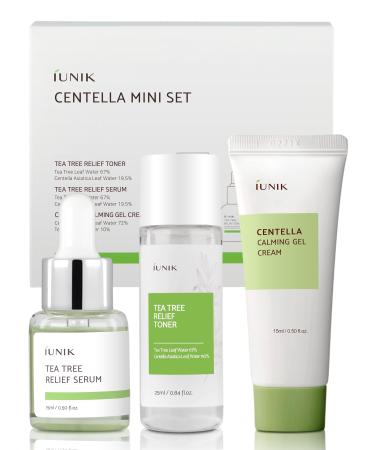 iUNIK Centella Mini Set Travel-Friendly Skincare Set Ultra calming and hydrating for sensitive skin - Tea Tree Relief Toner Serum Centella Calming Gel Cream