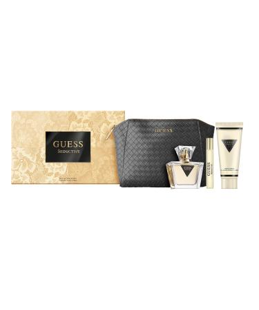 GUESS Seductive Women Eau de Toilette 4 Piece Gift Set - Perfume Spray 2.5 Fl. Oz. Travel Size Perfume Spray 0.5 Fl. Oz. 3.4 Fl. Oz. Body Lotion & Pouch