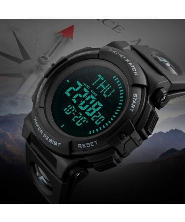 Mens Military Digital Sports Watch with Survival Compass | 50M Waterproof, 3 Alarm, Stopwatch | Black - Buy Online on SooperMarket.com