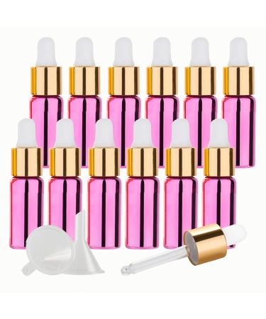 Tianzd 12 pieces 5 ml of empty chrome pink drip bottle Pipette bottles with glass pipette 5ml glass bottle with a drip pipette with gold screw cap for perfume oils essential oils pink 5 ml