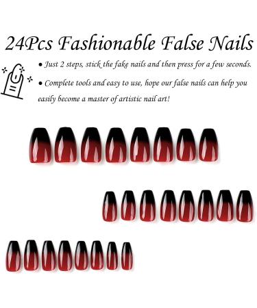 DMQ Coffin False Nails Long 24Pcs Red Black Gradient Fake Nails Ballet Press on Nail French Gradient Stick on Nails Acrylic Nail Tips with Glue for Women Girls Nails Art Black Red Gradient Coffin - Buy Online on SooperMarket.com