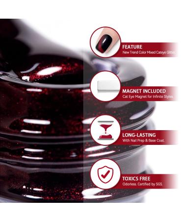 RARJSM Burgundy Cat Eye Gel Nail Polish - Diamond Black Red Velvet Glitter 15ml - UV LED Soak Off for Home Salon Christmas Manicure - Buy Online on SooperMarket.com
