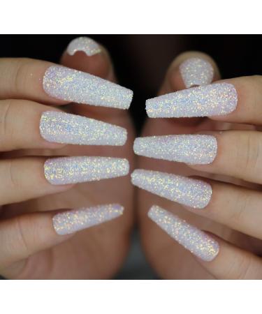 MISUD Glitter False Nails  Long Coffin Fake Nails  White Press on Nails  Ballerina Shape Acrylic Nails for Women & Girls