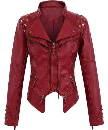 oelaio Women's Leather Long Sleeved Short Lapel Jacket Jacket Jacket Wine X-Small - Buy Online on SooperMarket.com