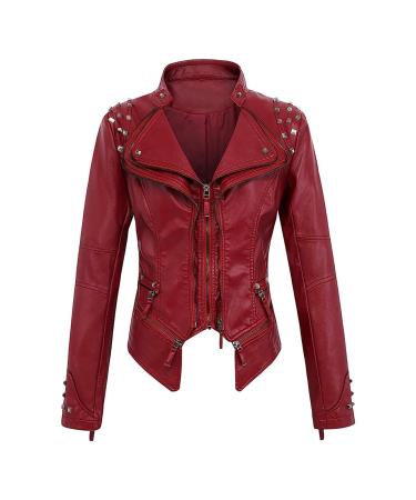 oelaio Women's Leather Long Sleeved Short Lapel Jacket Jacket Jacket Wine X-Small