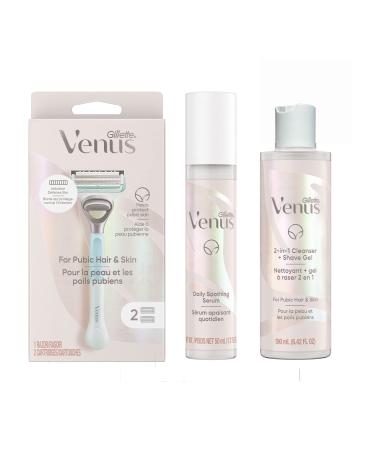 Gillette Venus For Pubic Hair And Skin Womens Shaving Kit, 1 Venus Handle, 2 Razor Blade Refills, 2 in 1 Cleanser And Shave Gel For Women 190mL, Daily Soothing Serum For Intimate Grooming 50mL Intimiate Grooming Kit