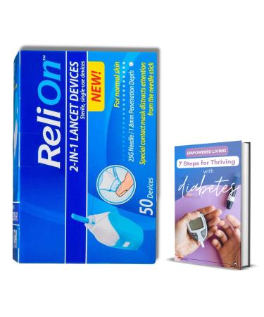 Relion 25 Gauge Needle 2-in-1 Lancing Device for Normal Skin Bundle. Includes Single-Use 2-in-1 Lancing Device for Normal Skin 50 Ct and SAMBA LIFE eBook 7 Steps to Thrive with Diabetes (1)