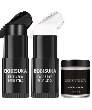 BOBISUKA Black White Face Paint Stick with Setting Powder Set Eye Black Sticks for Sports Body Paints for Clown Skeleton Vampire Skull Cosplay Special Effects Costume SFX Halloween Makeup Kit Black White with Setting Powder