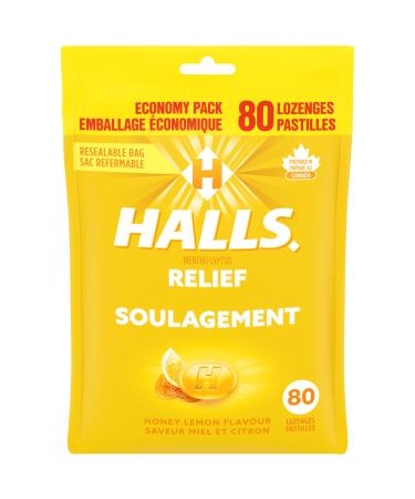 HALLS Honey Lemon Flavour Cough Drops Throat Lozenges Sore Throat Relief Mentho-Lyptus 80 Lozenges Honey Lemon Drops
