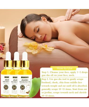 3 Pack Gua Sha Facial Oil Set - 99% Organic Jojoba Cold Pressed Vitamin E & C for Face Hair & Nails | Scented Massage Oil with Gua Sha Tool - Buy Online on SooperMarket.com