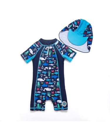 BONVERANO Baby Boys Swimsuit Toddler Bathing Suit Short-Sleeve Zipper One Piece Swimwear with UPF 50+ Sun Protection 3-6 Months Navy