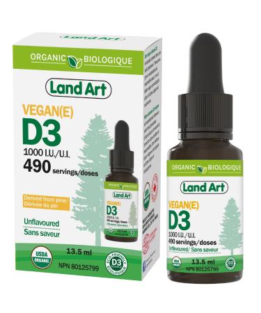 Certified Organic VEGAN Plant-Based Vitamin D3 Drops - 1000IU per drop - 490 Servings - Unflavoured - 13.5ml - Immune System Support - Made in Canada 13.5 ml (Pack of 1)