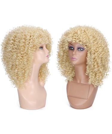Lady Miranda Blonde Afro Kinky Curly Wig with Bangs | Medium Length Heat Resistant Synthetic Hair Wig for Women | Curly Blonde Wig 0-613 - Buy Online on SooperMarket.com