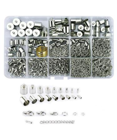 Lollibeads (1000 Pcs) Silver Plated Barrel Leather Cord Ends Cord End Cap 3mm-12mm Lobster Clasp 10mm 12mm 14mm jump ring 5mm-8mm jump ring open tool and Extension Chains Kits Assorted Pack Silver-Assorted-1000pcs