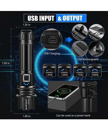 Sunitact Flashlights High Lumens, Rechargeable Flashlights Led 20000 Lumen XHP70.2, Super Bright Flash Light, High Powered Handheld Flashlights for Emergency Camping Gift, IP67 Waterproof, Zoomable Black - Buy Online on SooperMarket.com