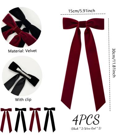 Velvet Bow Hair Clip 4PCS Red and Black Hair Bow Vintage Satin Bowknot Hairpins with Long Ribbon Party Bow Hair Barrettes Hair Accessories for Women Girls Gifts - Buy Online on SooperMarket.com